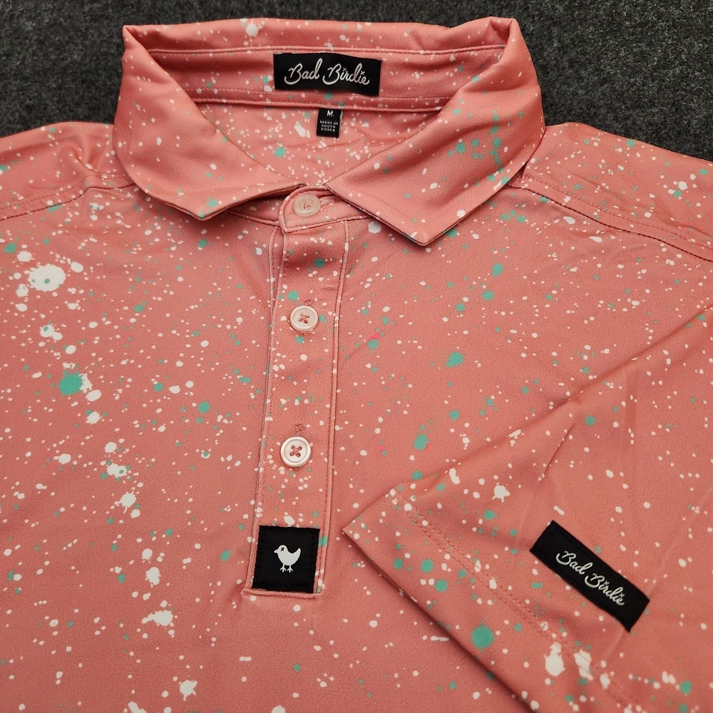 Bad Birdie Polo Shirt Mens Medium Pink Paint Splatter Golf Stretch Performance